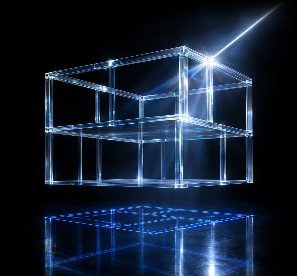A two story frame made of glass floats above its own glowing blueprint while a thin beam of light strikes one of its joints.